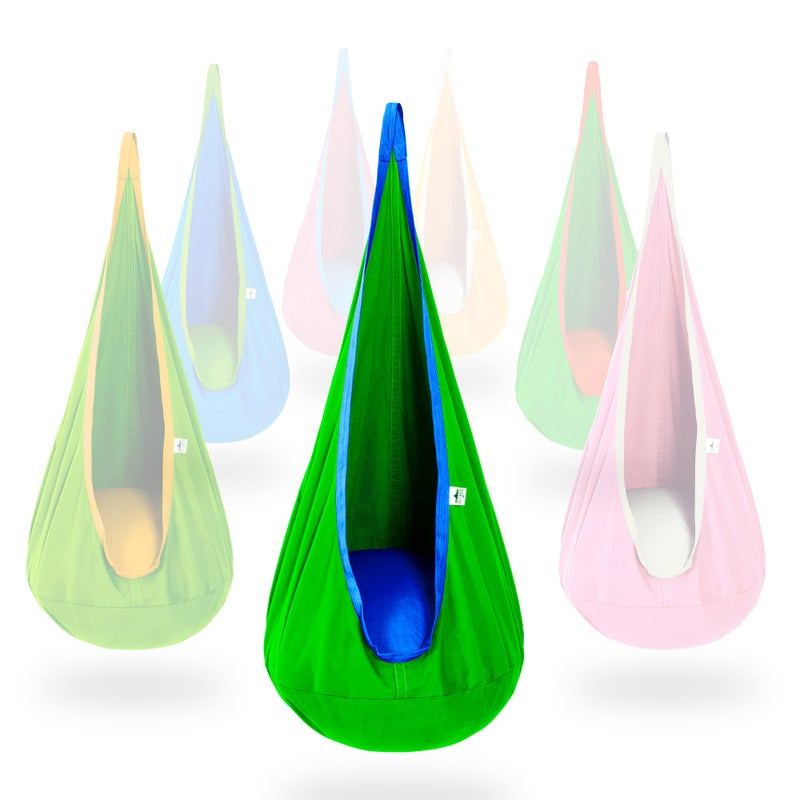 OUTREE Kids Pod Swing Seat, Cotton Child Hammock Swing Chair, Sensory Swing for Indoor and Outdoor Use, Green and Blue - Image 1